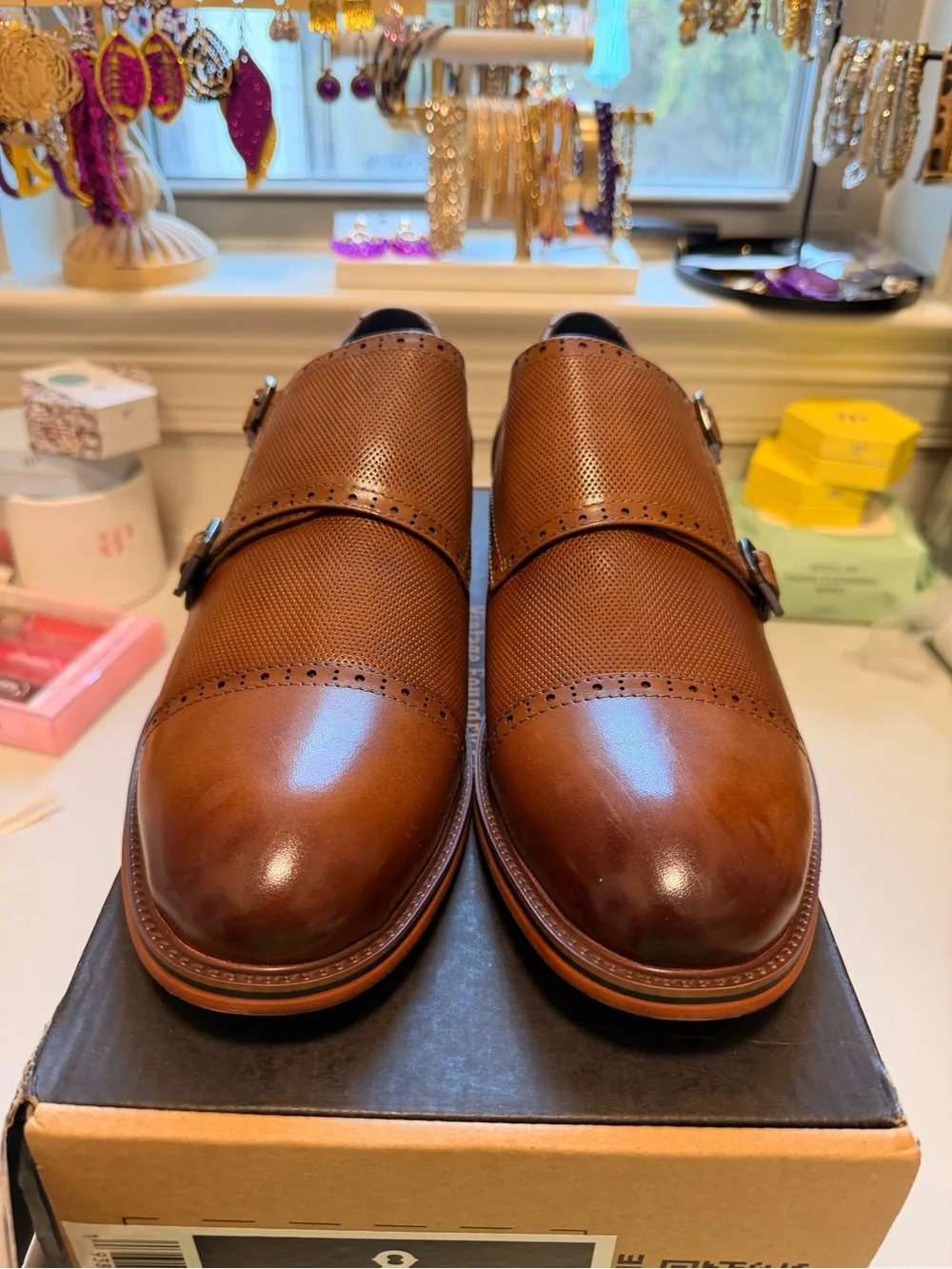 Men's Tan Double Monk Strap Oxfords with Perforated Leather